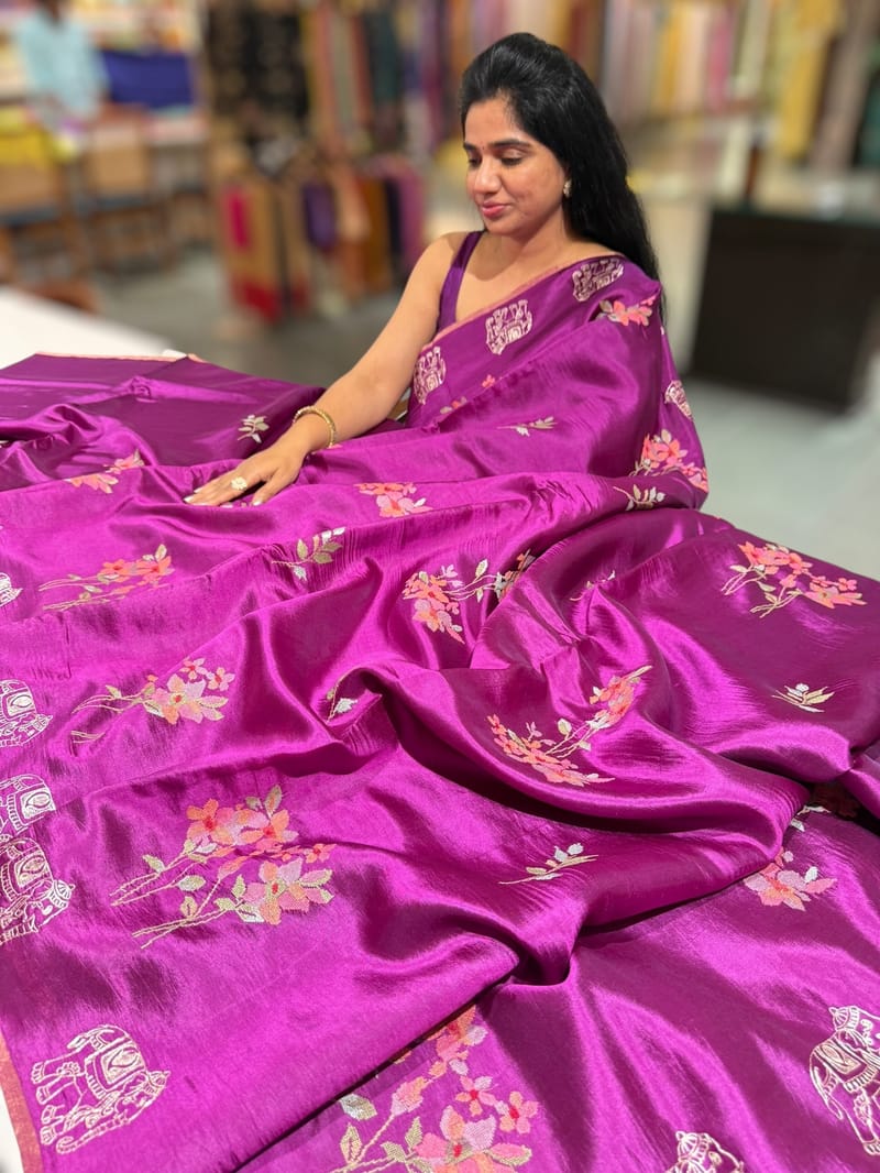 Majenta Banarasi Silk Saree with petite point & Pita embroidery
