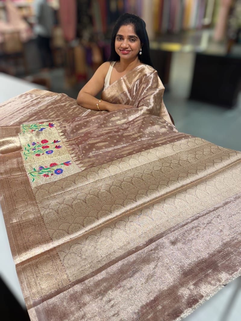 Antique brown banarasi tissue with embroidery SS50523