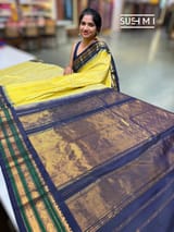 Lemon yellow vintage stripes Gadwal Silk Saree : S62F209