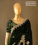 Bottle Green Micro Velvet Saree with heavy handwork