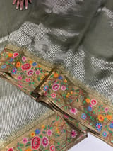 Light Olive Tissue Stripes Saree with petite point Embroidered tissue border and blouse SS50422