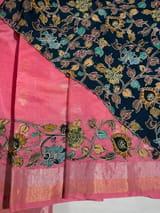 Peach Pink chanderi silk cotton saree with kalamkari applique border SS50530