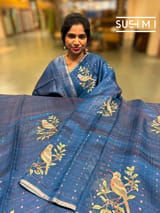 Indigo Blue muslin tissue stripes saree with bird emb