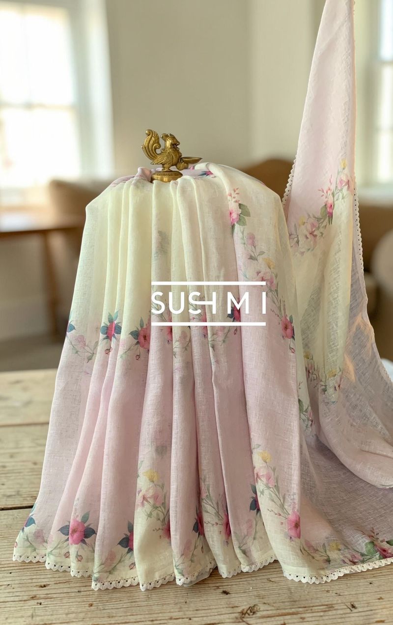 Ombre Dyed Floral Printed Pure Linen Saree