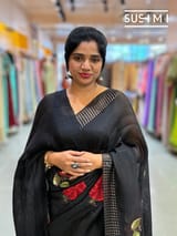 Black Muslin Saree with Pocket Sequins & Hibiscus Embroidery