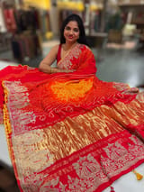 Orangish Red Designer Rai Bandhej Saree With Embroidered Border SS50484