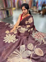 Brown Designer Organza with Tissue applique work