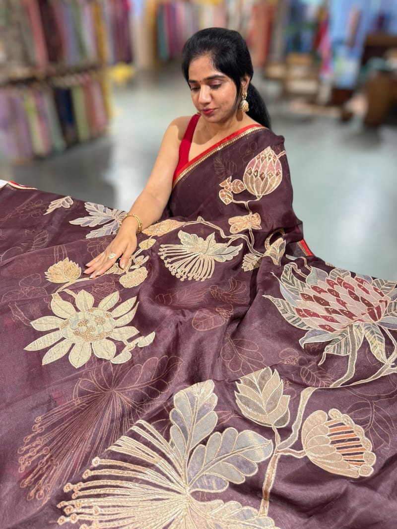 Brown Designer Organza with Tissue applique work