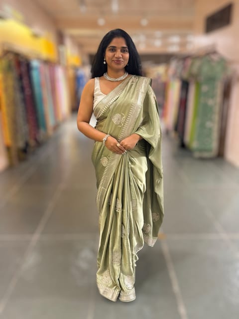 Dark Pista Satin Saree with Embroidery
