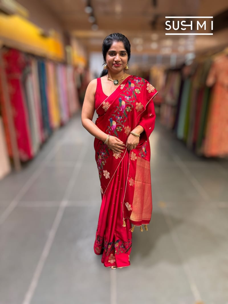 Red mashru Saree with embroidery : S62F140