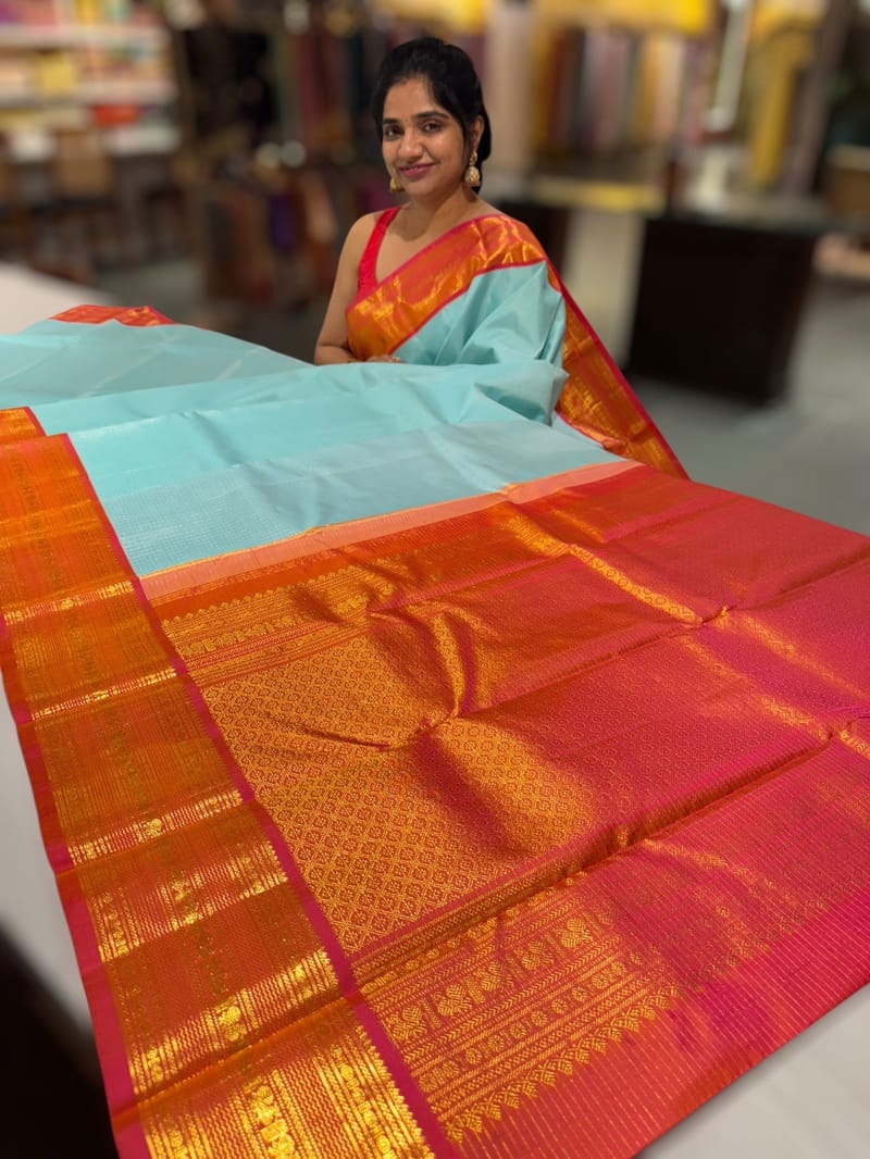 Sea Blue & Orangish pink combo  Vintage checks Kanjeevaram Saree SS50607