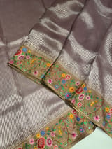 Lilac Tissue Stripes Saree with petite point Embroidered tissue border and blouse