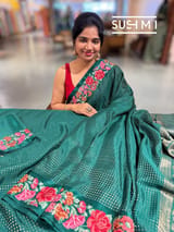 Bottle Green Mysore Silk Saree with petitepoint embroidery S62107