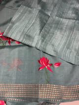 Teal pure handloom tussar byloom saree with lotus embroidered bunch motifs SS50461