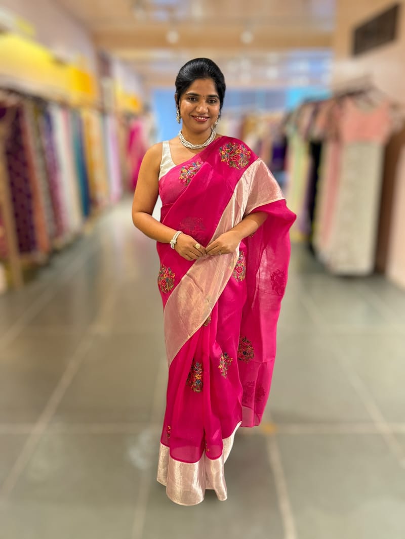 Rani Pink Organza Saree with pure Tissue Border SS50291