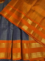 Blue & Orange Combo Vintage Checks Gap Border Kanjeevaram Saree SS50167