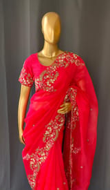 Bright Pink Pure Organza Handwork saree