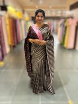 Brown Handloom Mul Tissue Stripes Saree with fusion blouse