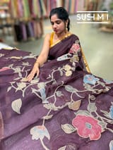 Winish Brown Designer Organza with Tissue applique work : S62F095