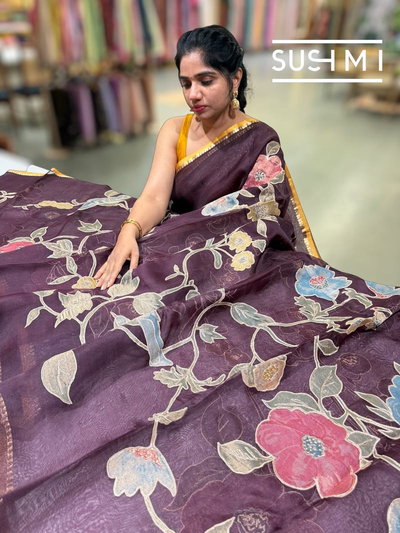 Winish Brown Designer Organza with Tissue applique work : S62F095