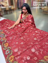 Maroon Silk kota and pen kalamkari fusion saree with pita emb