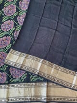 Black Pure Handloom Chiniya Silk Saree with stunning Floral Print and zari borders SS50100