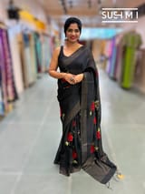 Black Muslin Saree with Pocket Sequins & Hibiscus Embroidery