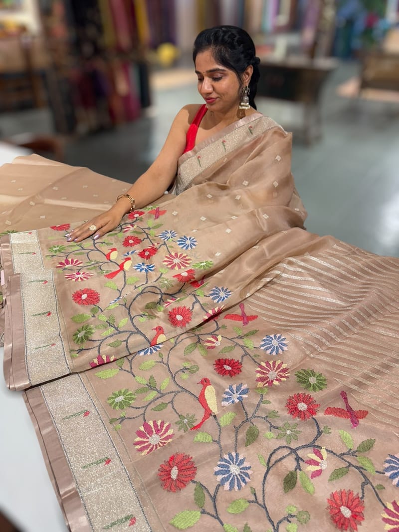 Light Brown Earthy Tone Pure Organza Saree with pythani insipred embroidery SS50299