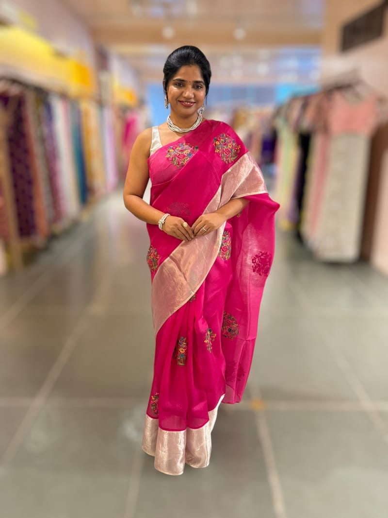Rani Pink Organza Saree with pure Tissue Border SS50291