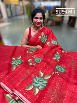 Red muslin tissue stripes saree with hibuscus emb