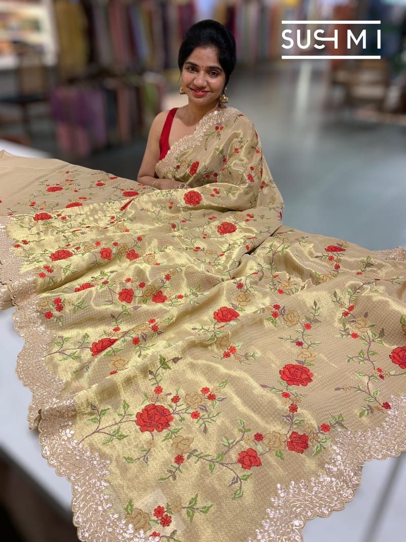 Muted Gold Designer Banarasi Brocade Tissue Saree S62114