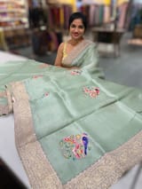 Mint Pure Organza Saree with banarasi pitawork border and bird applique motifs allover the saree SS50301