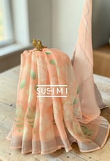 Peach Floral printed pure lenin saree