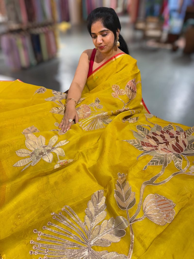 Mango Yellow Designer Organza with Tissue applique work