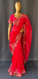 Bright Pink Pure Organza Handwork saree