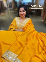 Marigold yellowish Orange Satin Saree with sabyasachi borders : D62F046