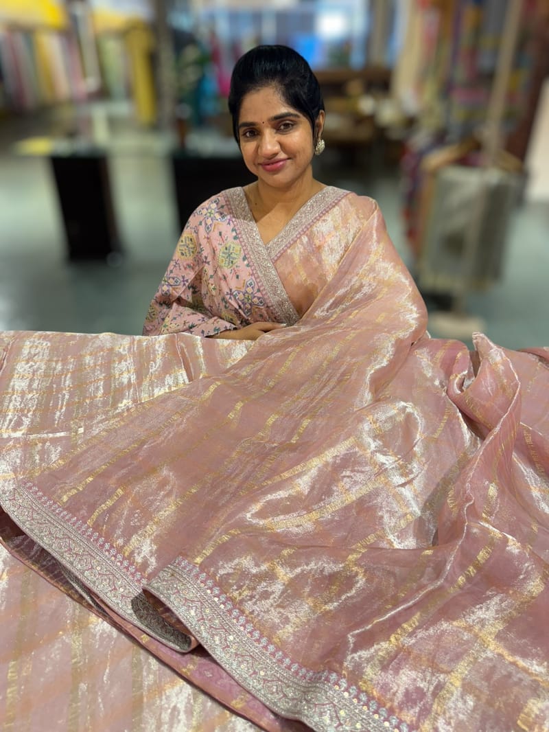 Pastel Pink Tissue checks Saree with sabhyasachi borders