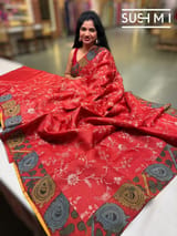 Bright Red Silk kota and pen kalamkari fusion saree with pita emb