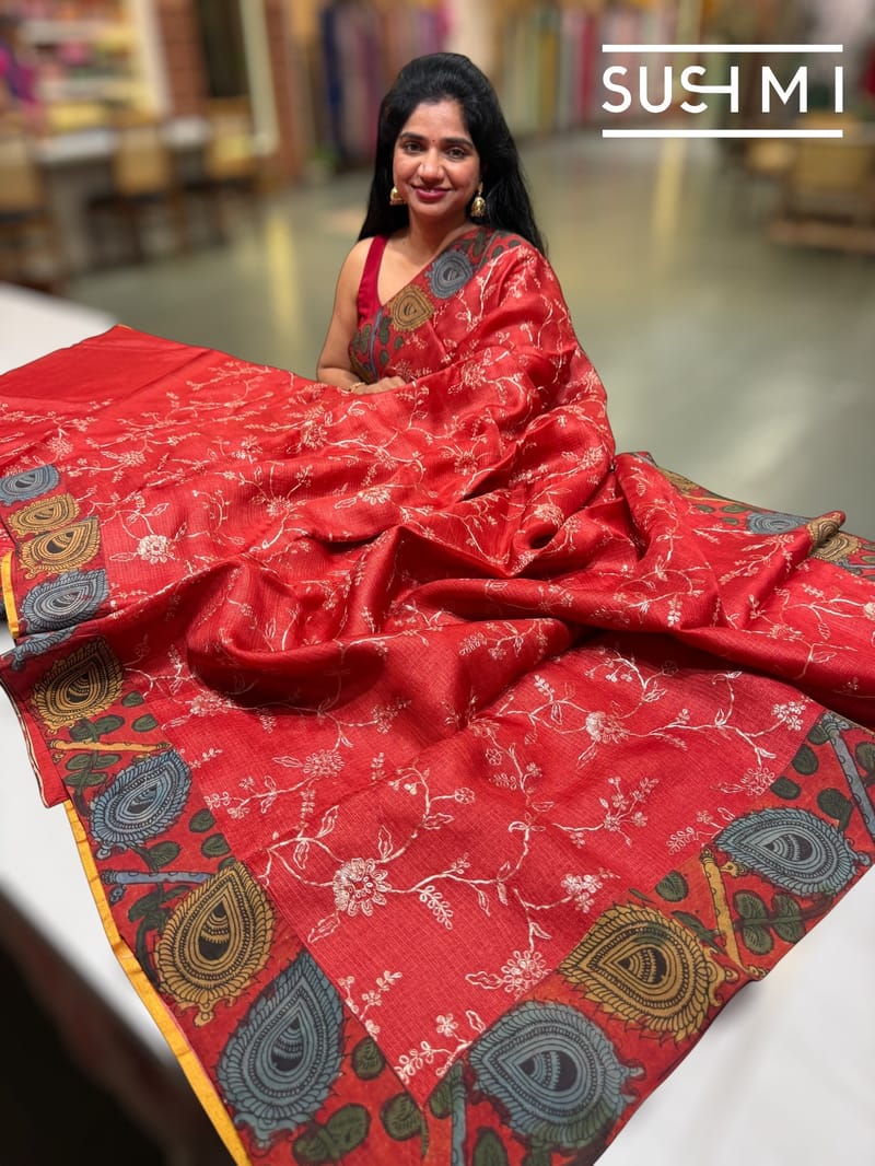 Bright Red Silk kota and pen kalamkari fusion saree with pita emb