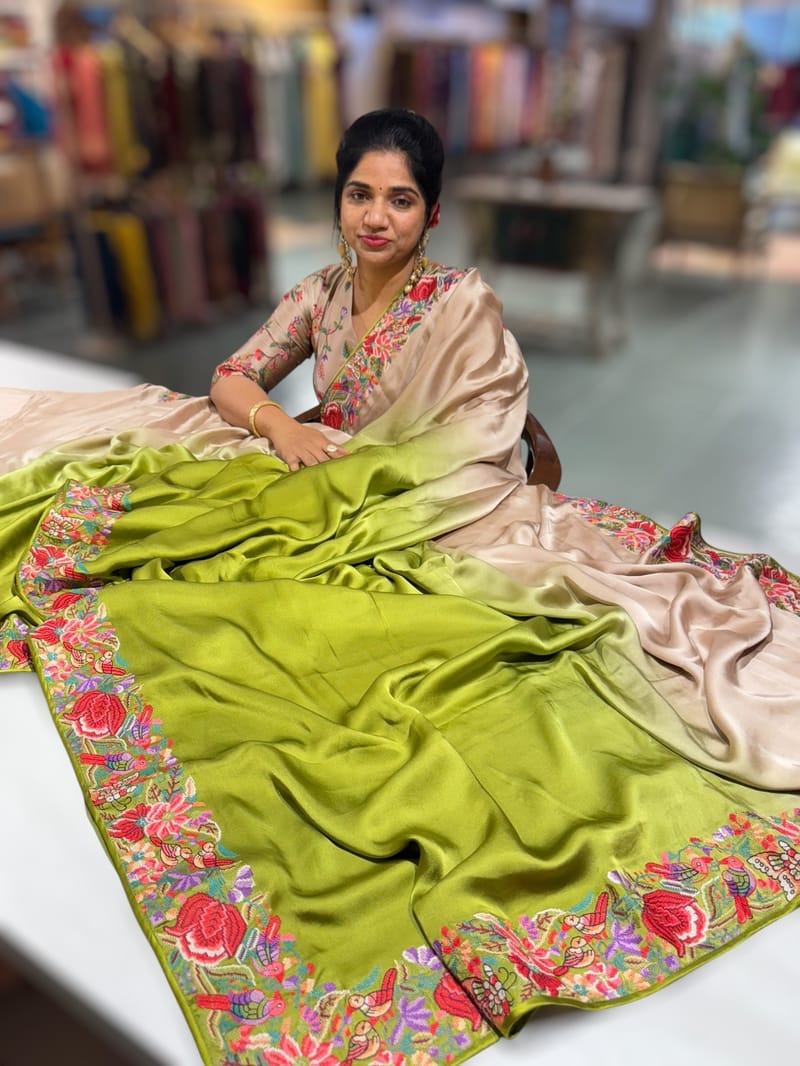 Chickoo & Mustard Pure Satin Ombre Dyed Saree with Petite Point Embroidered Border and blouse.