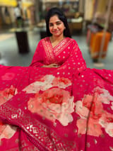 Reddish Pink georgette sequence saree with statement floral print SS5048