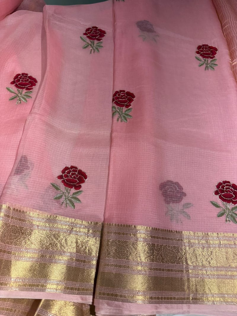Peach Pink Silk Kota Saree with embroidery