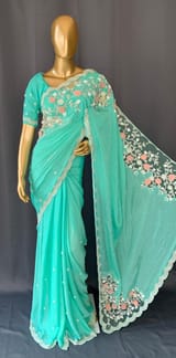 Seagreen pure chinnon saree