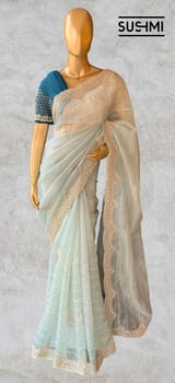 Mint Pure Organza Saree with heavy Handwork
