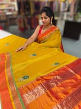 Yellow Banarasi  Tissue fusion Saree with embroidery