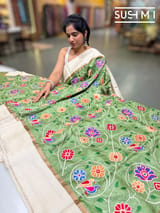 Green Pure tussar with patola inspired embroidery: S62F192