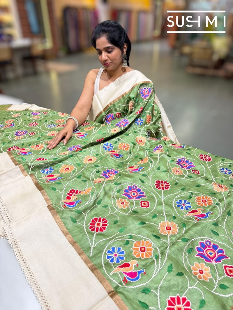 Green Pure tussar with patola inspired embroidery: S62F192