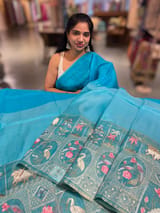 Copper Sulphate Blue Kora-Tussar blend Handloom Saree with Tissue embroidered Skirt Border