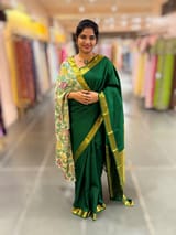 Emerald Green vintage Kanchipuram silk saree with 2inch borders paired with pen kalamkari blouse SS50178