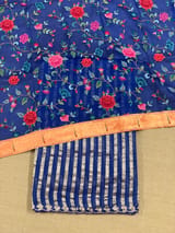 Electric Blue Mul tissue stripes saree with fusion blouse : D62139